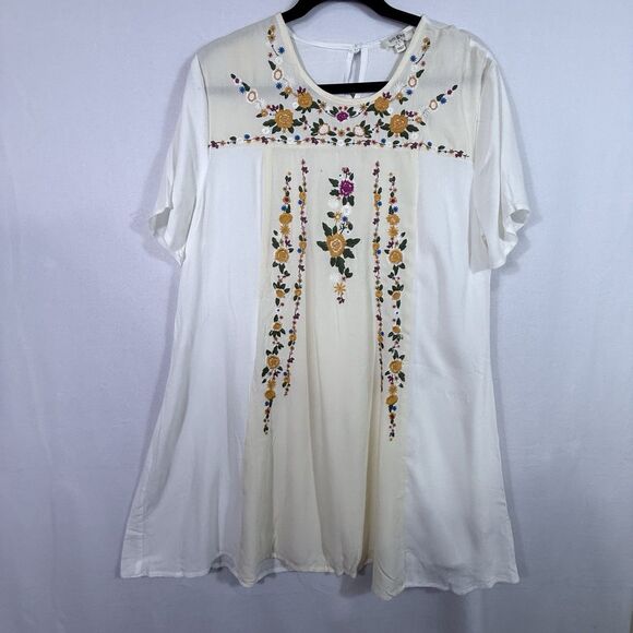 UMGEE Dresses & Skirts - Umgee Cream White Floral Embroidered Short Sleeve Sheer Sheath Dress Size L Boho